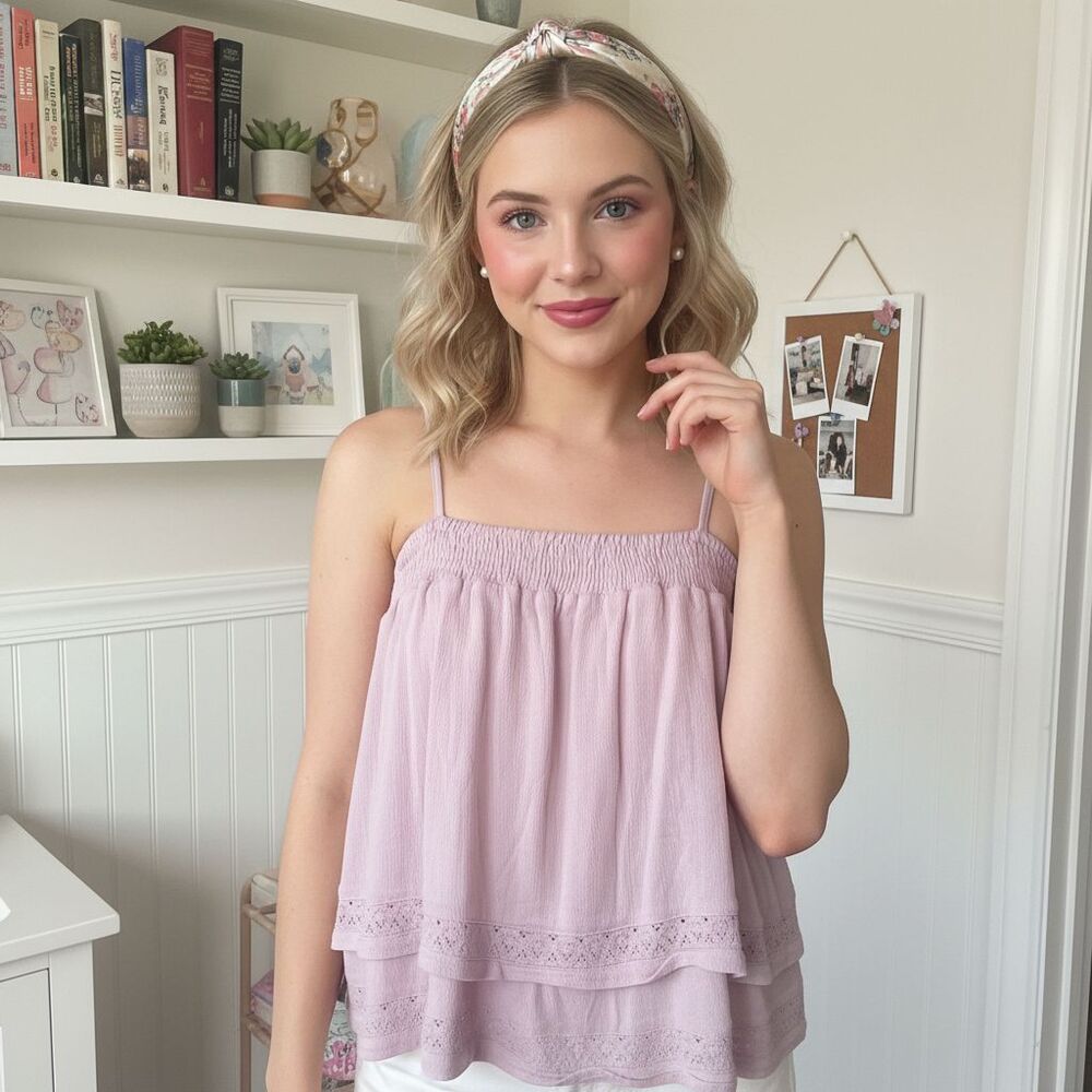 Lilac Cami Tank Top Pink Smocked Lace Trim Boho Preppy Babydoll Coquette Size M